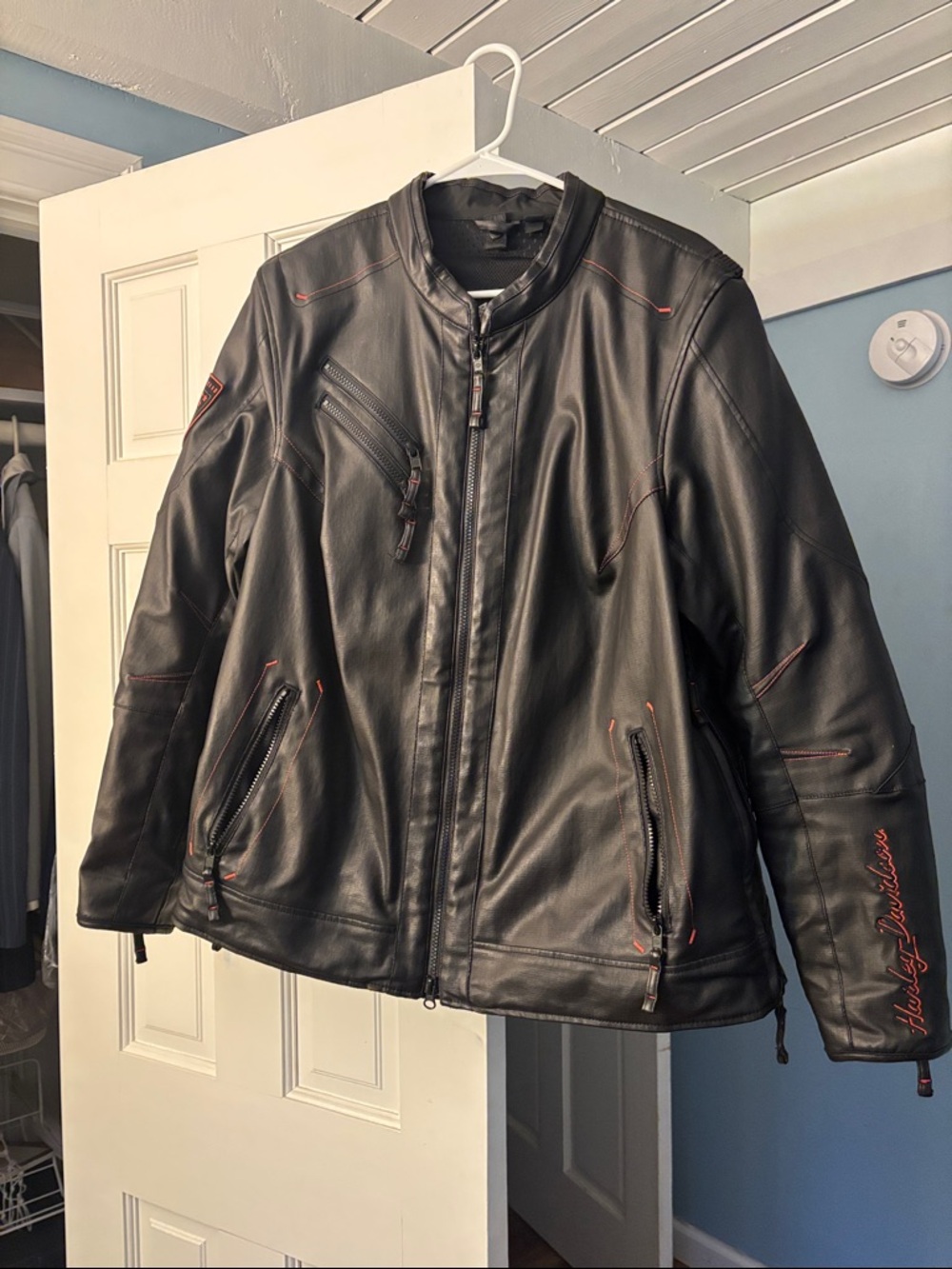 Harley-Davidson Black Leather Bomber Jacket with Orange Accents